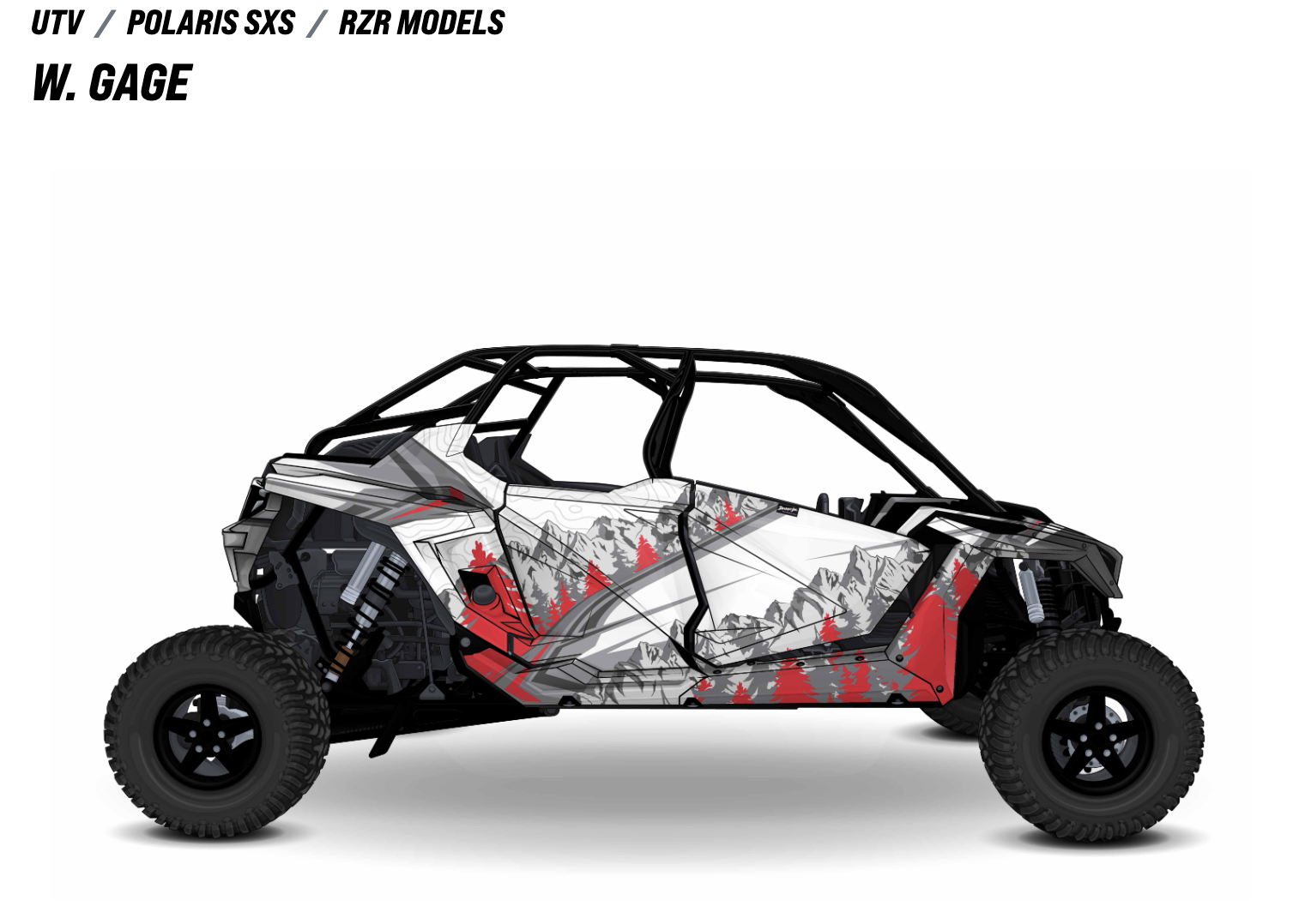 A custom W. Gage RZR wrap design featuring a mountain landscape in red, black, and gray.